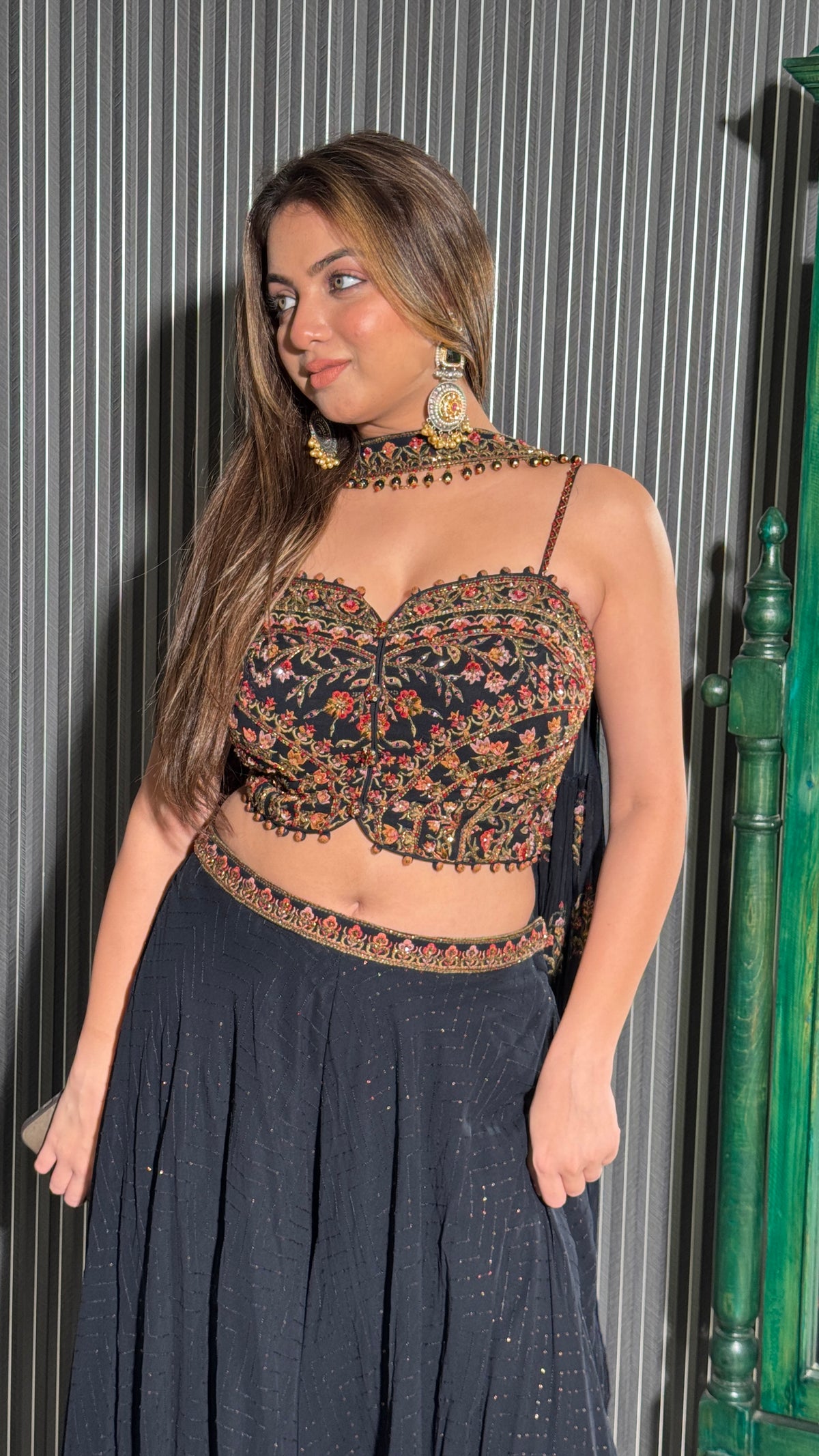 Kashmiri Hand Embroidery Cut Dana & Sequin Crop Top, Plazo & Choker Dupatta Set – Elegant Festive Ensemble