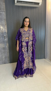 Green & Blue Indo-Western 3-Piece Set with Handwork Blouse & Cape | Upto Size 46