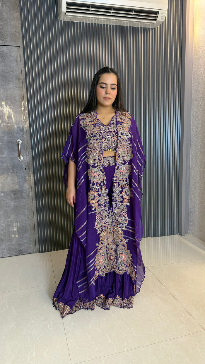 Green & Blue Indo-Western 3-Piece Set with Handwork Blouse & Cape | Upto Size 46