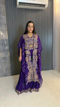 Green & Blue Indo-Western 3-Piece Set with Handwork Blouse & Cape | Upto Size 46