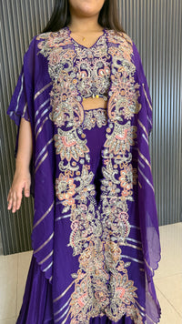 Green & Blue Indo-Western 3-Piece Set with Handwork Blouse & Cape | Upto Size 46