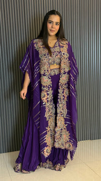 Green & Blue Indo-Western 3-Piece Set with Handwork Blouse & Cape | Upto Size 46