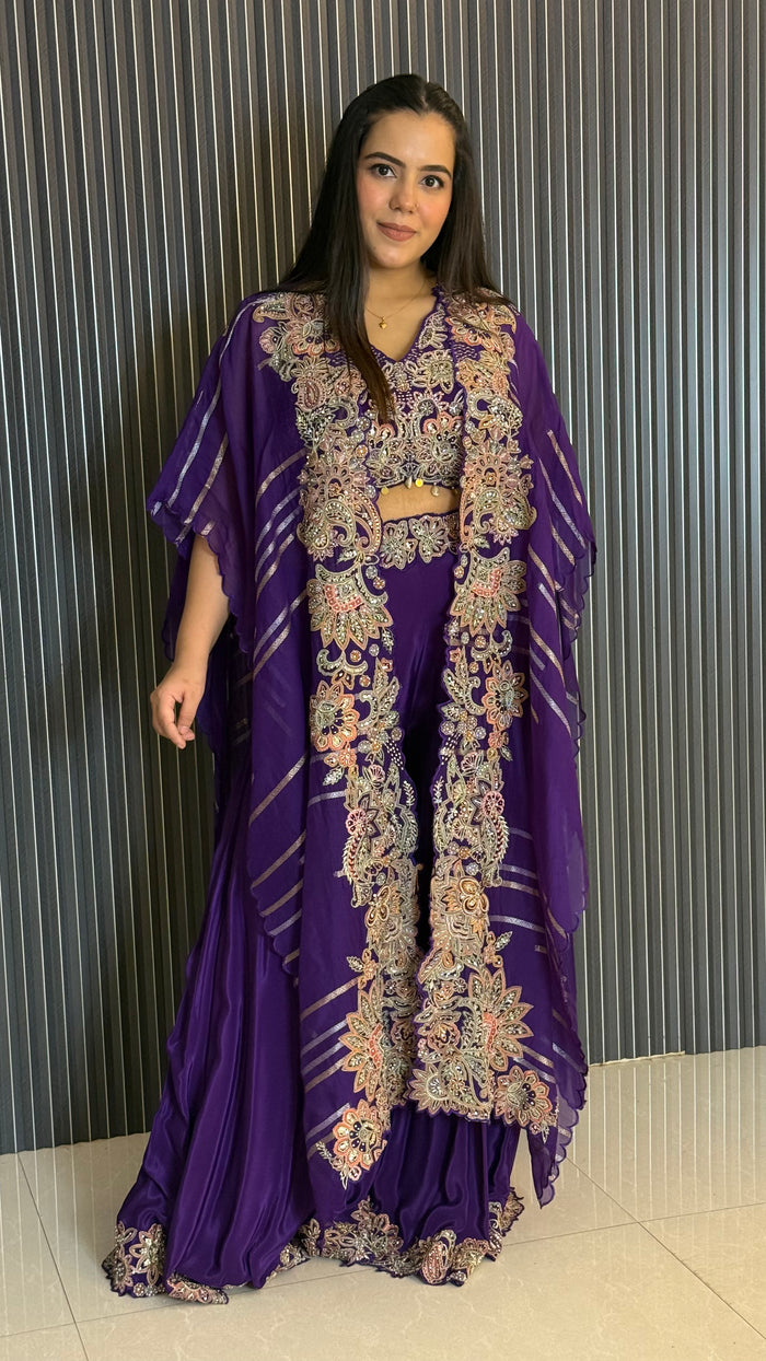 Green & Blue Indo-Western 3-Piece Set with Handwork Blouse & Cape | Upto Size 46