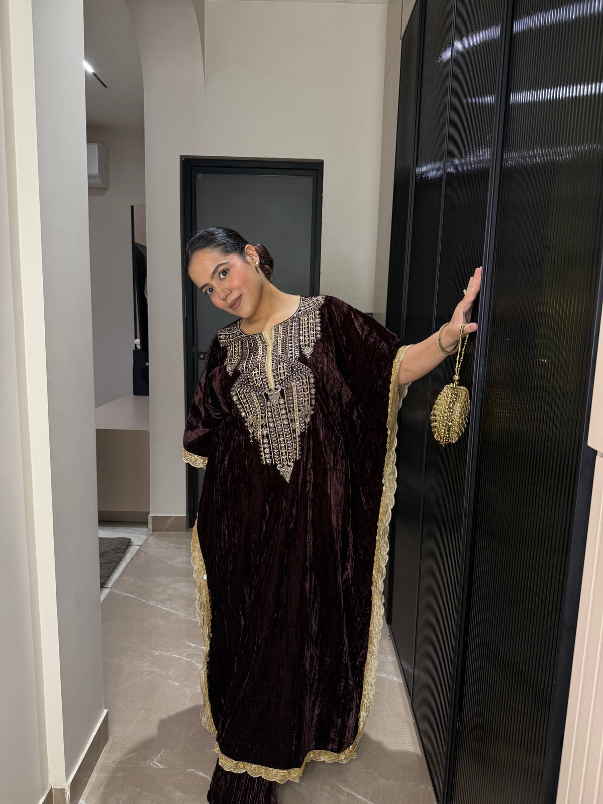 Velvet Kaftan with Badla, Sequin, Mirror & Pearl Work | Festive Luxe Wear