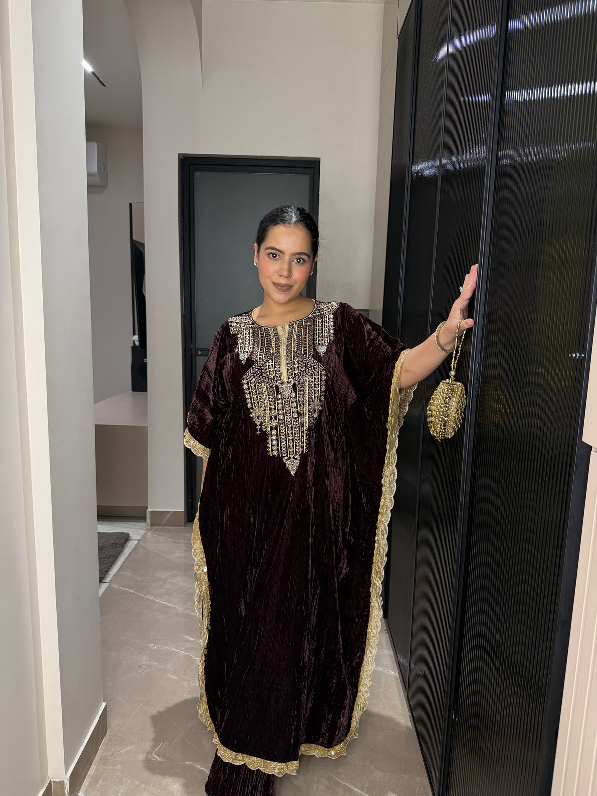 Velvet Kaftan with Badla, Sequin, Mirror & Pearl Work | Festive Luxe Wear