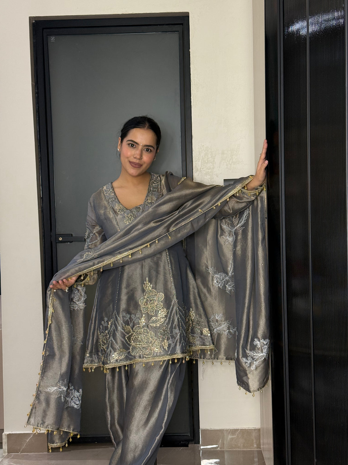 Silk Organza Suit with Zardosi & Aari Embroidery | Antique Gold & Silver Work