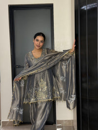 Silk Organza Suit with Zardosi & Aari Embroidery | Antique Gold & Silver Work