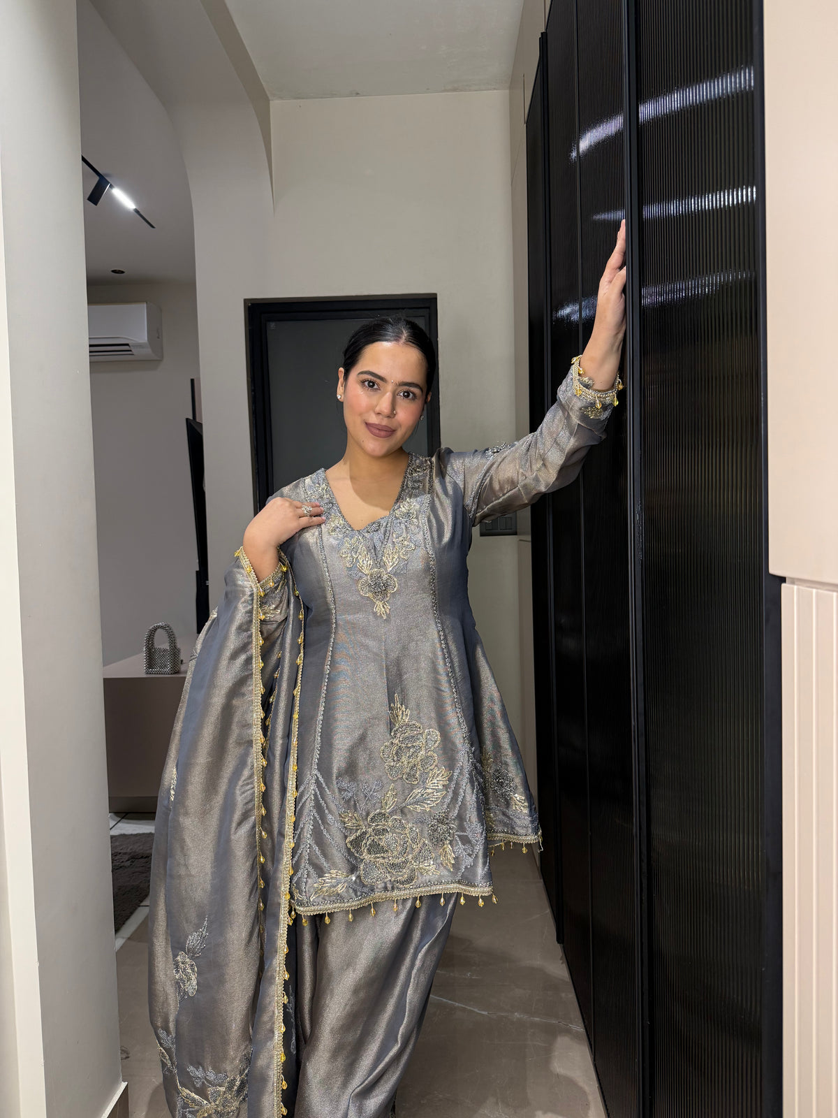 Silk Organza Suit with Zardosi & Aari Embroidery | Antique Gold & Silver Work