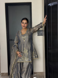 Silk Organza Suit with Zardosi & Aari Embroidery | Antique Gold & Silver Work