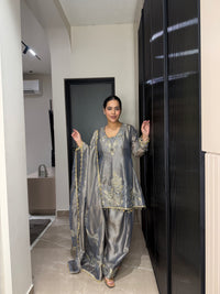 Silk Organza Suit with Zardosi & Aari Embroidery | Antique Gold & Silver Work