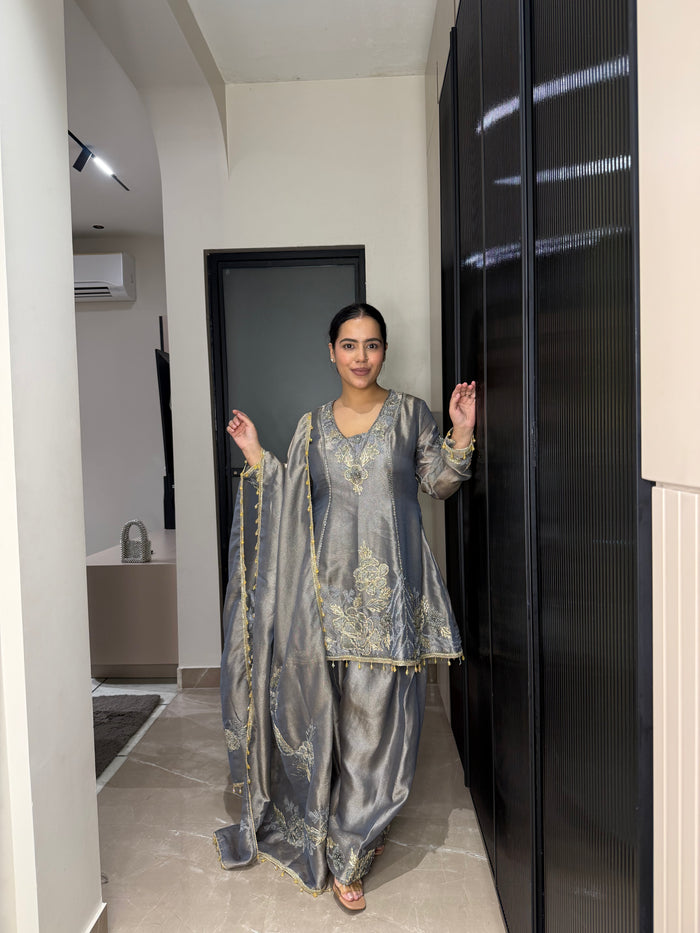 Silk Organza Suit with Zardosi & Aari Embroidery | Antique Gold & Silver Work