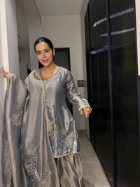Silk Organza Suit with Zardosi & Aari Embroidery | Antique Gold & Silver Work