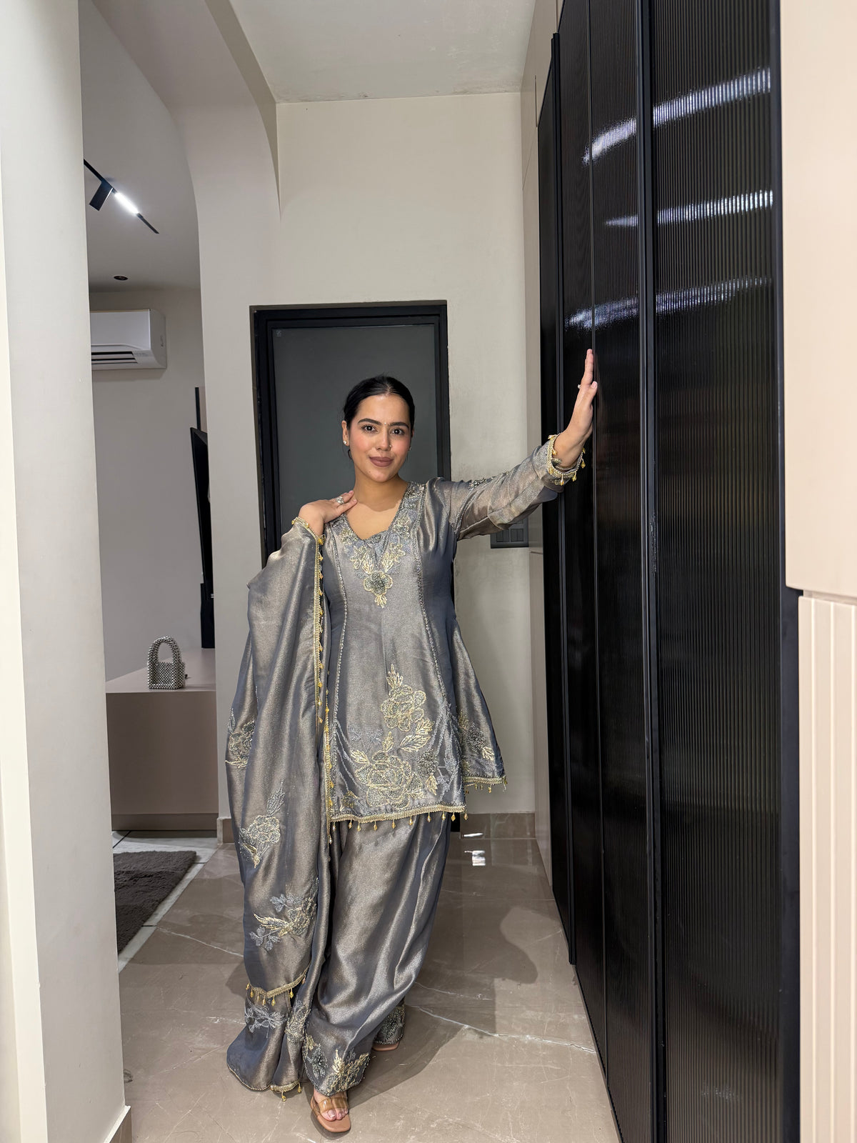 Silk Organza Suit with Zardosi & Aari Embroidery | Antique Gold & Silver Work