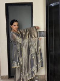 Silk Organza Suit with Zardosi & Aari Embroidery | Antique Gold & Silver Work