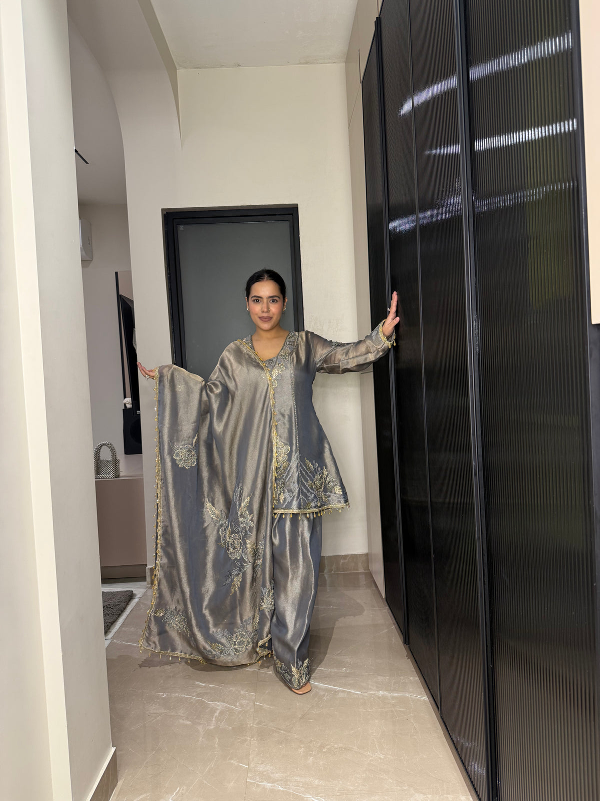 Silk Organza Suit with Zardosi & Aari Embroidery | Antique Gold & Silver Work