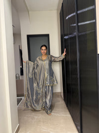 Silk Organza Suit with Zardosi & Aari Embroidery | Antique Gold & Silver Work