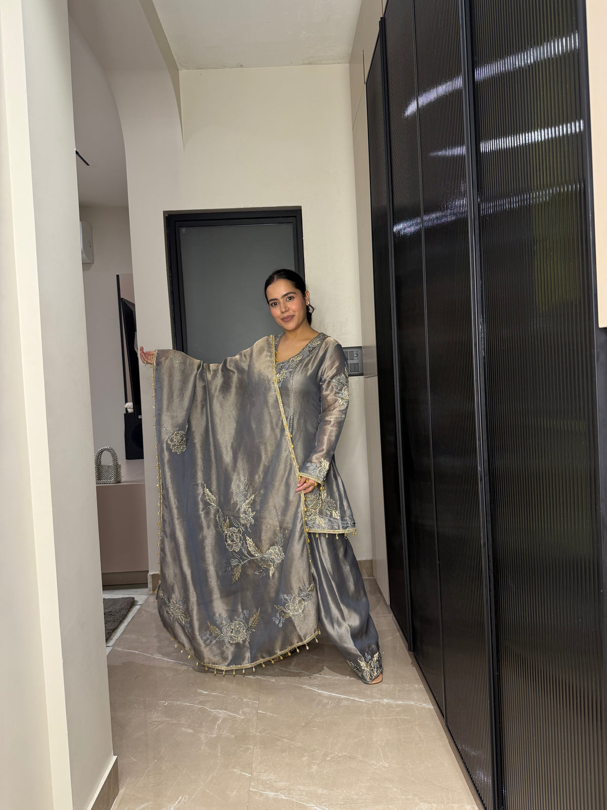 Silk Organza Suit with Zardosi & Aari Embroidery | Antique Gold & Silver Work