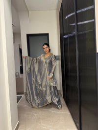 Silk Organza Suit with Zardosi & Aari Embroidery | Antique Gold & Silver Work