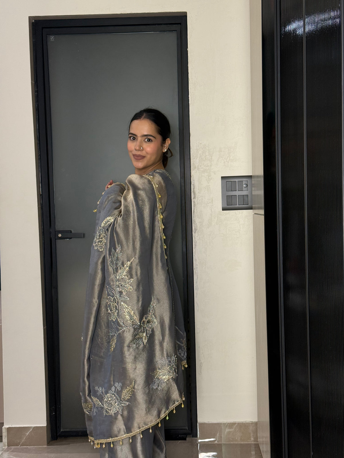 Silk Organza Suit with Zardosi & Aari Embroidery | Antique Gold & Silver Work