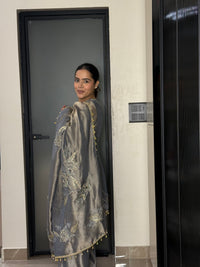 Silk Organza Suit with Zardosi & Aari Embroidery | Antique Gold & Silver Work