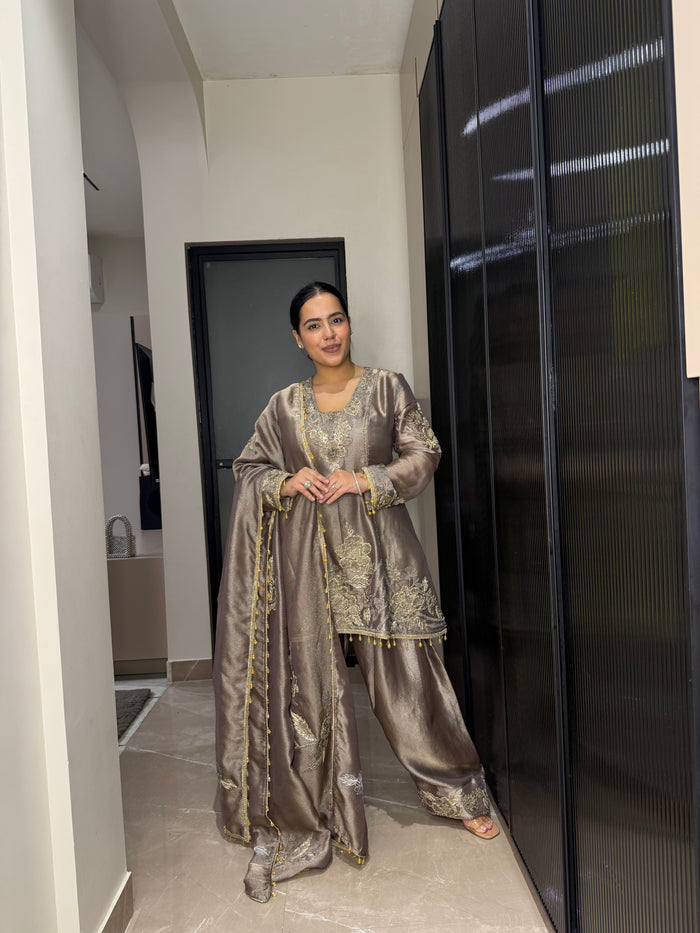 Silk Organza Suit with Zardosi & Aari Embroidery | Antique Silver & Gold Work