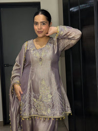 Silk Organza Suit with Zardosi & Aari Embroidery | Antique Gold & Silver Work