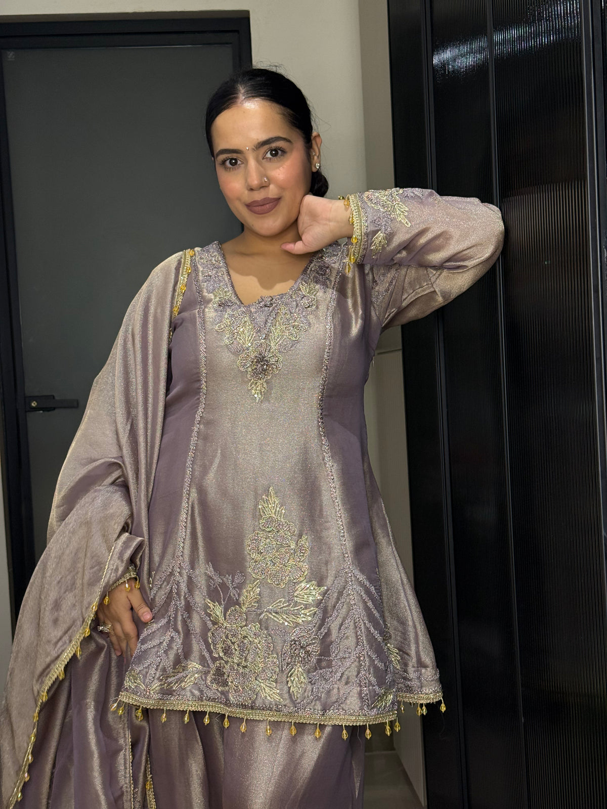 Silk Organza Suit with Zardosi & Aari Embroidery | Antique Gold & Silver Work