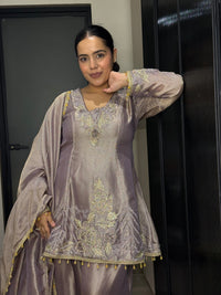 Silk Organza Suit with Zardosi & Aari Embroidery | Antique Gold & Silver Work