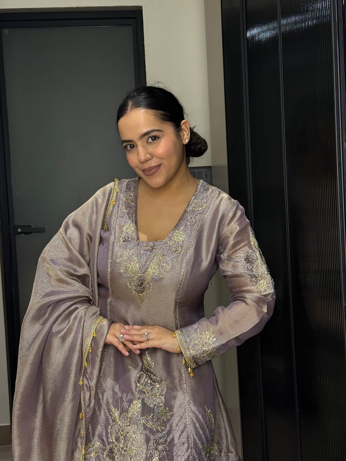 Silk Organza Suit with Zardosi & Aari Embroidery | Antique Gold & Silver Work