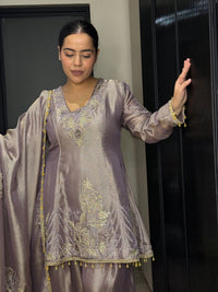 Silk Organza Suit with Zardosi & Aari Embroidery | Antique Gold & Silver Work