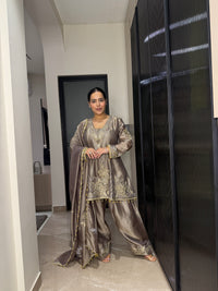 Silk Organza Suit with Zardosi & Aari Embroidery | Antique Silver & Gold Work