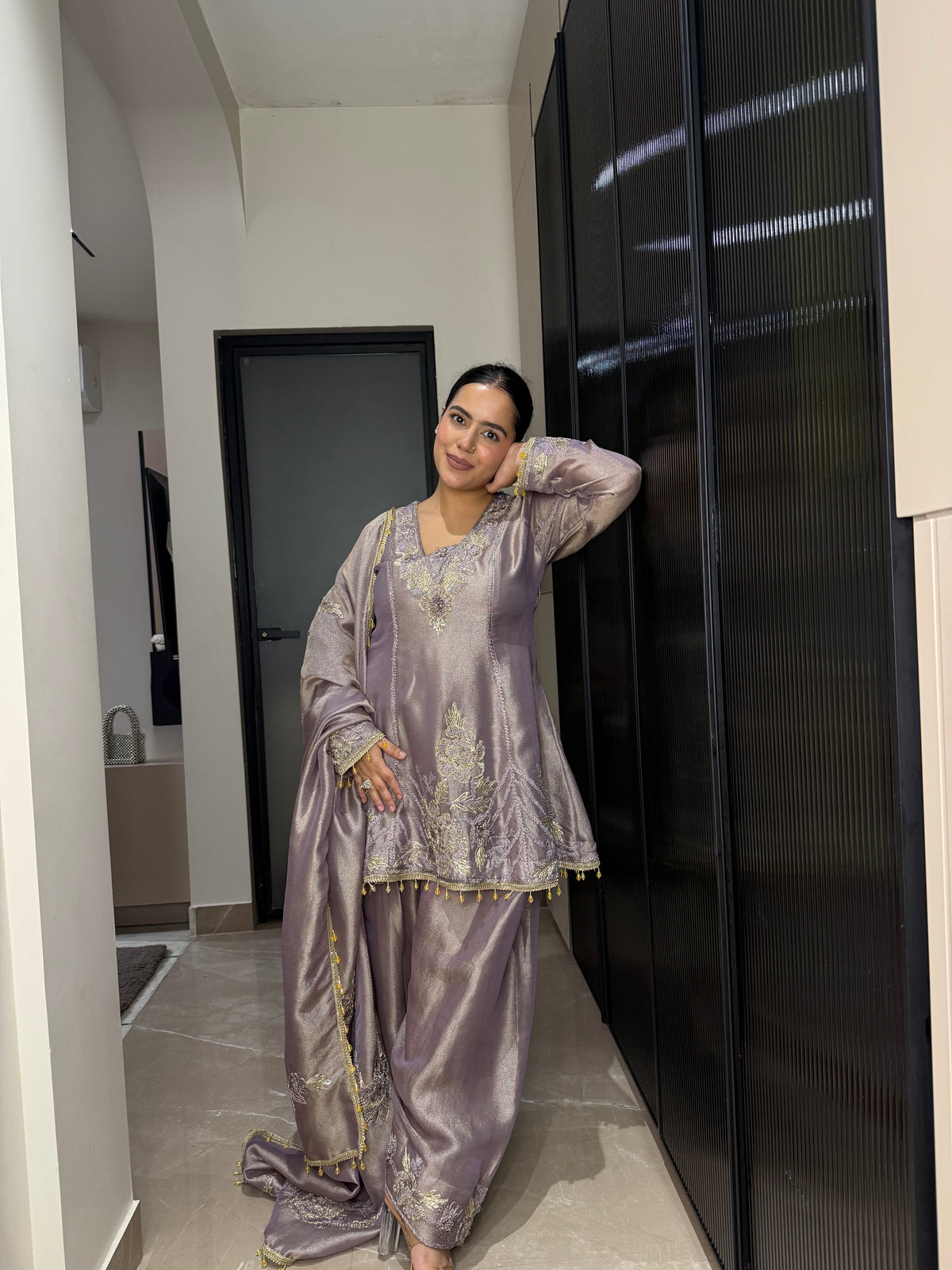 Silk Organza Suit with Zardosi & Aari Embroidery | Antique Gold & Silver Work