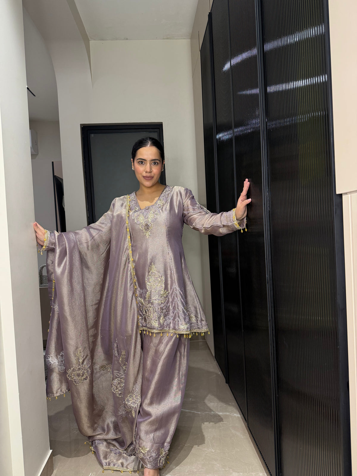 Silk Organza Suit with Zardosi & Aari Embroidery | Antique Gold & Silver Work