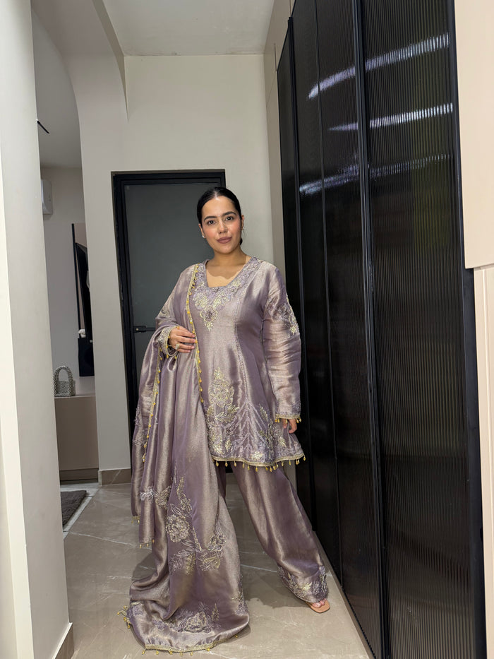 Silk Organza Suit with Zardosi & Aari Embroidery | Antique Gold & Silver Work