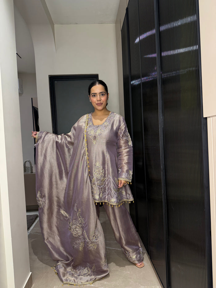 Silk Organza Suit with Zardosi & Aari Embroidery | Antique Gold & Silver Work