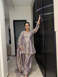 Silk Organza Suit with Zardosi & Aari Embroidery | Antique Gold & Silver Work