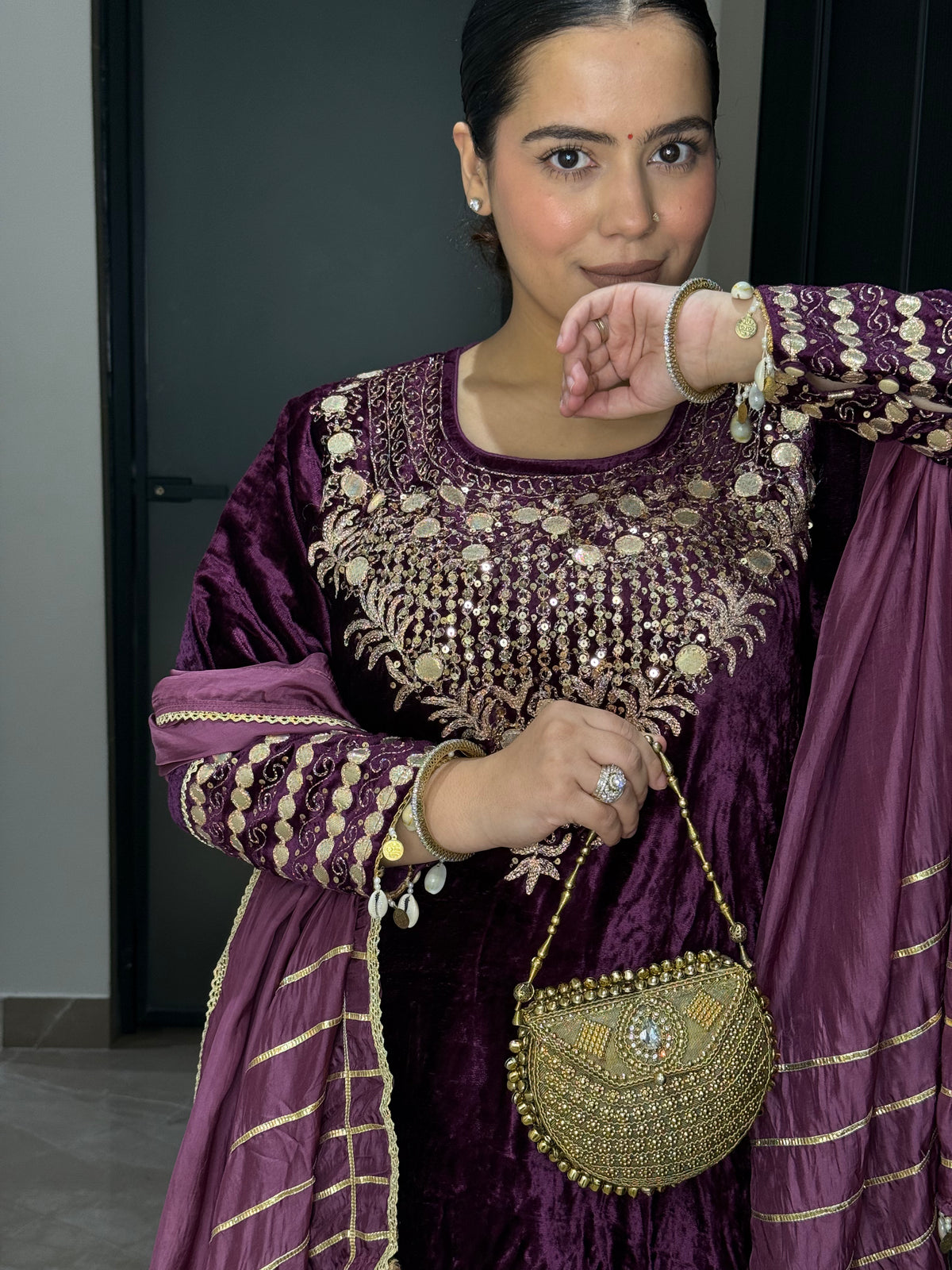 Velvet Suit with Dori, Sequin & Gotta Detailing | Festive Ethnic Wear