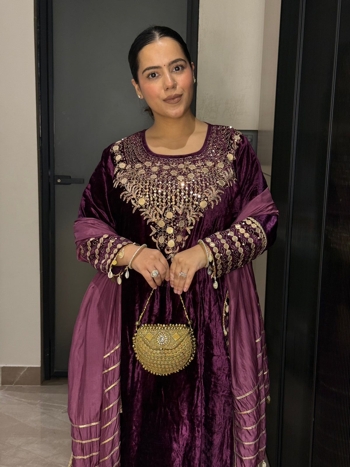 Velvet Suit with Dori, Sequin & Gotta Detailing | Festive Ethnic Wear