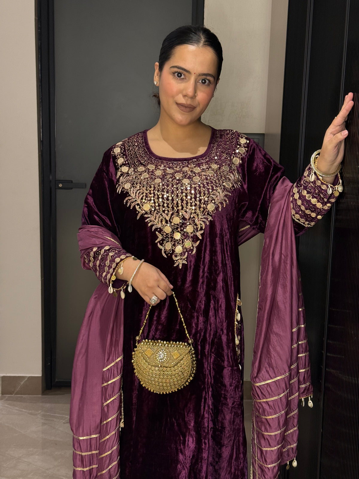 Velvet Suit with Dori, Sequin & Gotta Detailing | Festive Ethnic Wear