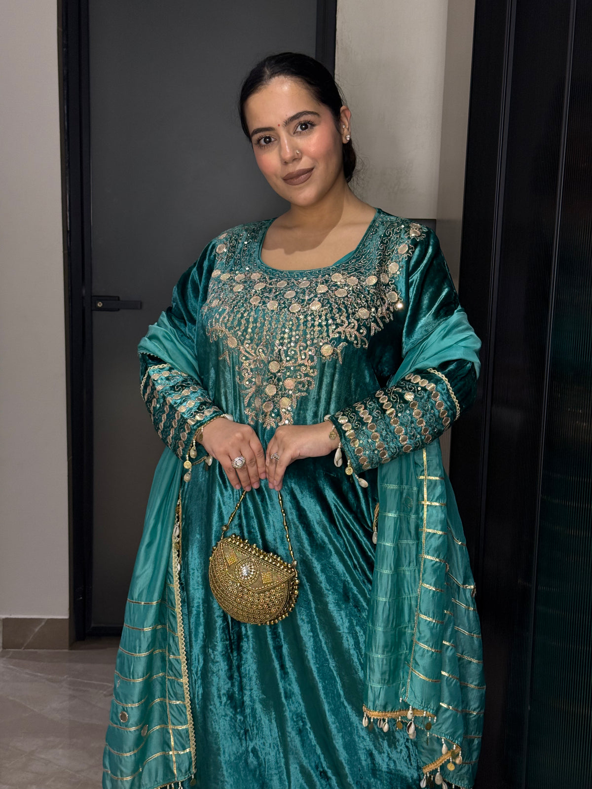 Velvet Suit with Dori, Sequin & Gotta Detailing | Festive Ethnic Wear