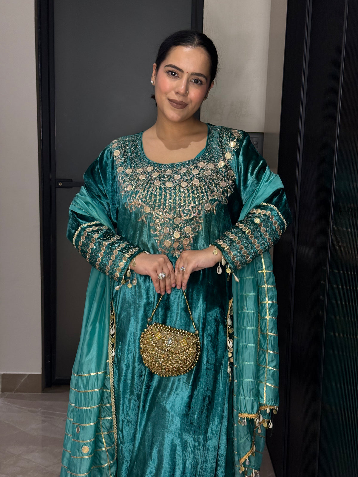 Velvet Suit with Dori, Sequin & Gotta Detailing | Festive Ethnic Wear