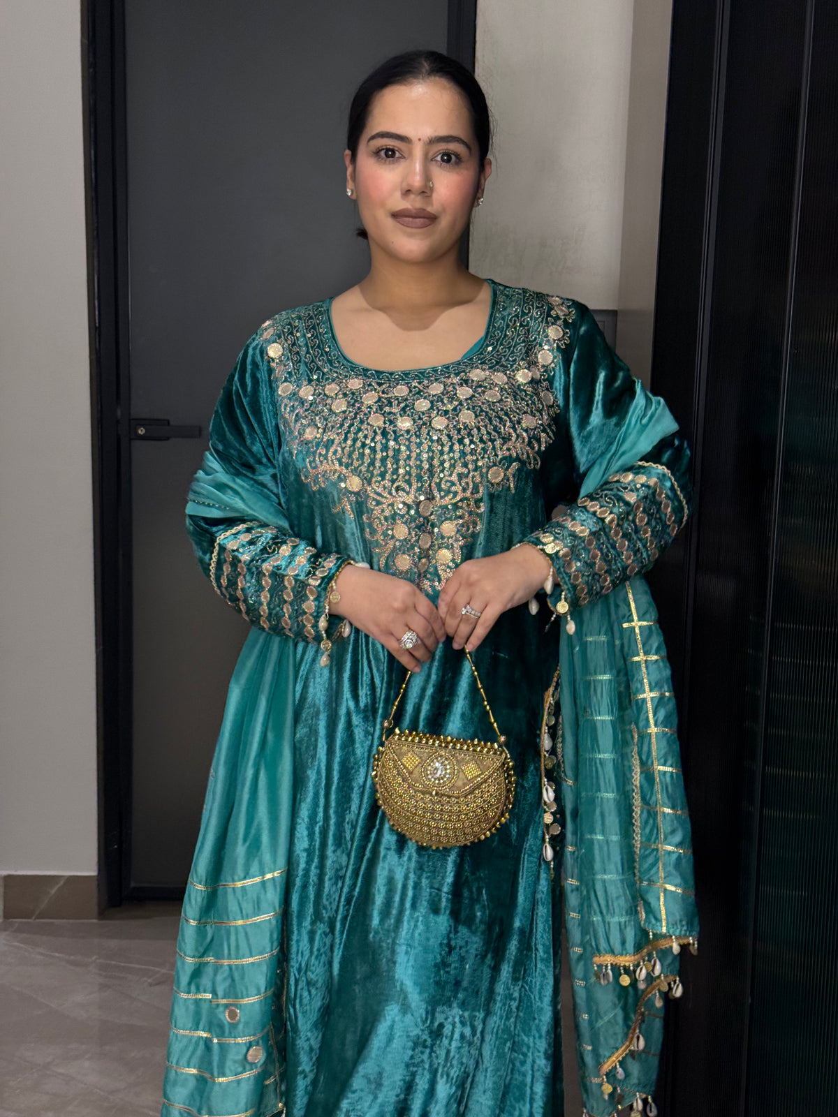 Velvet Suit with Dori, Sequin & Gotta Detailing | Festive Ethnic Wear