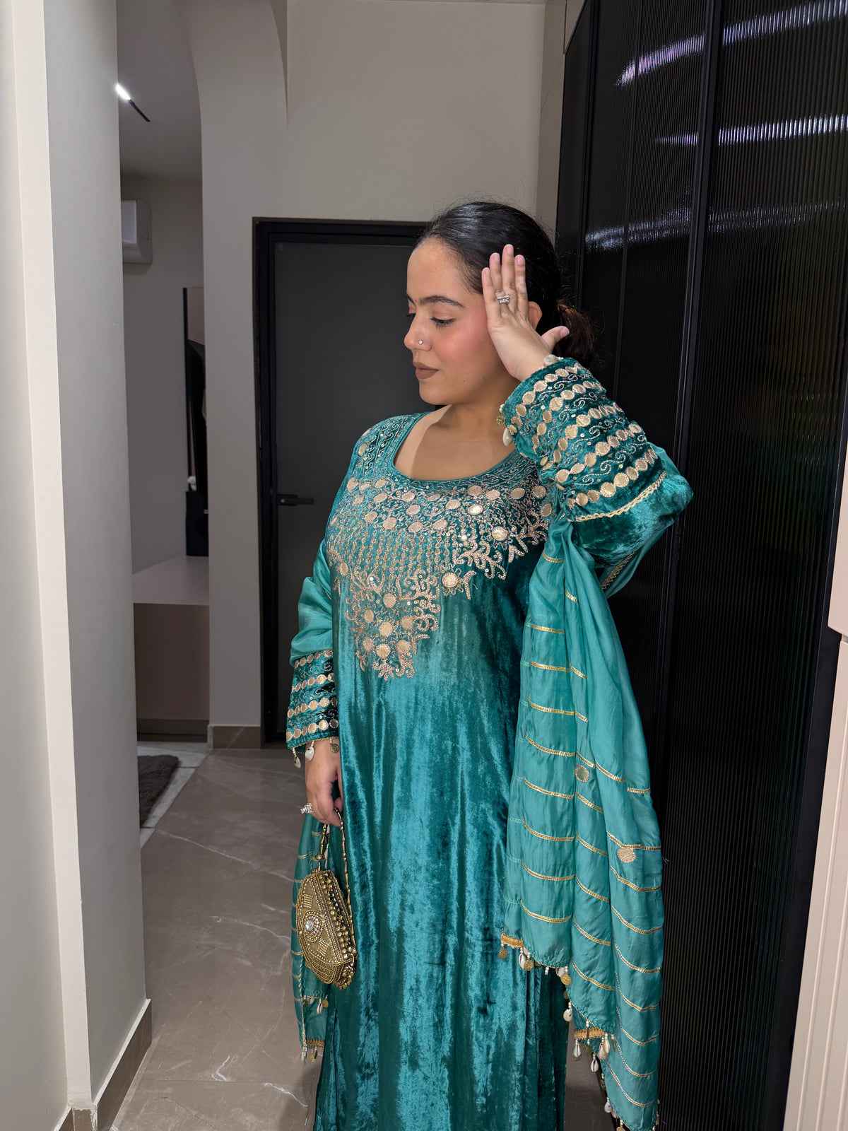 Velvet Suit with Dori, Sequin & Gotta Detailing | Festive Ethnic Wear