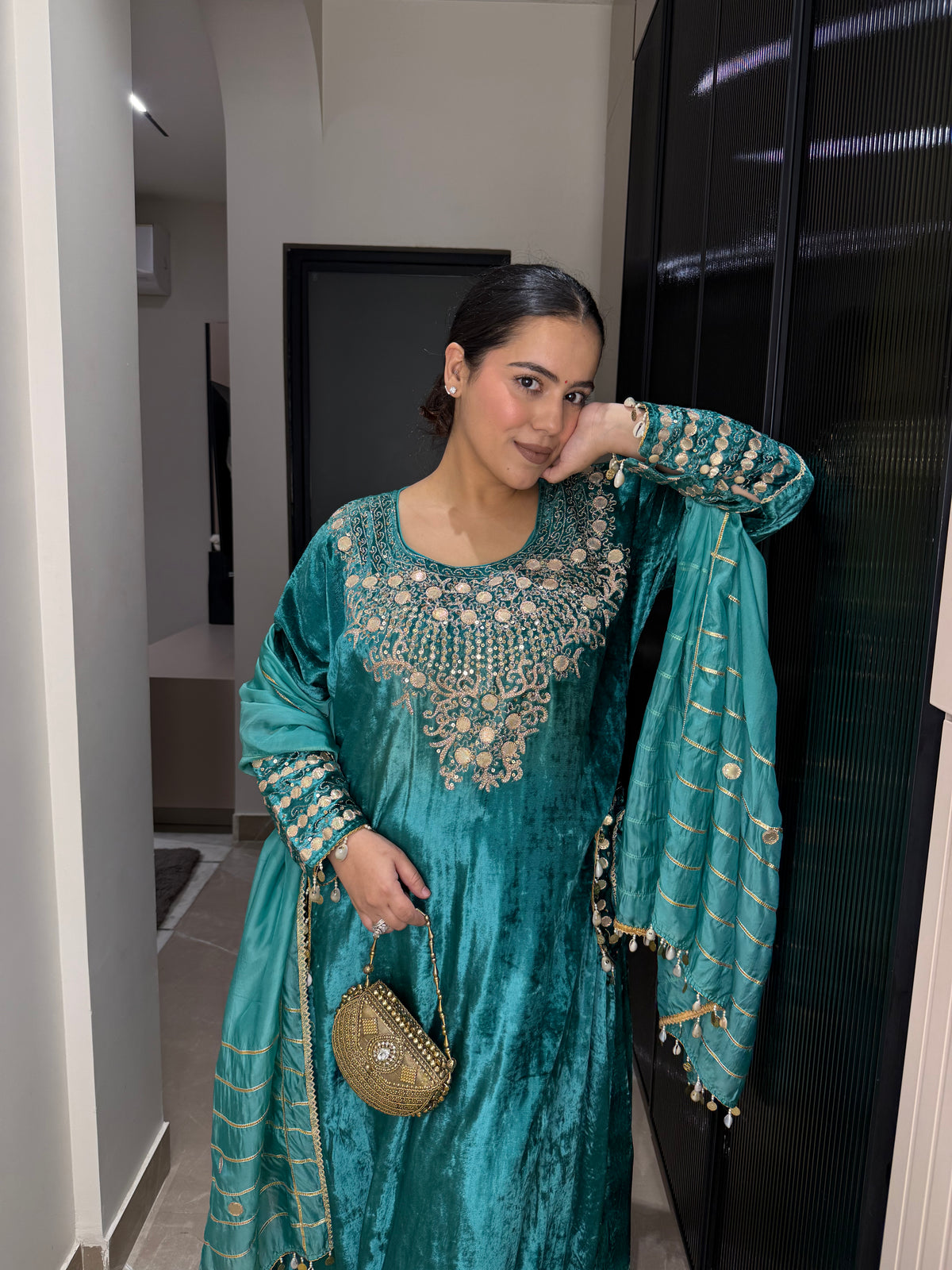 Velvet Suit with Dori, Sequin & Gotta Detailing | Festive Ethnic Wear