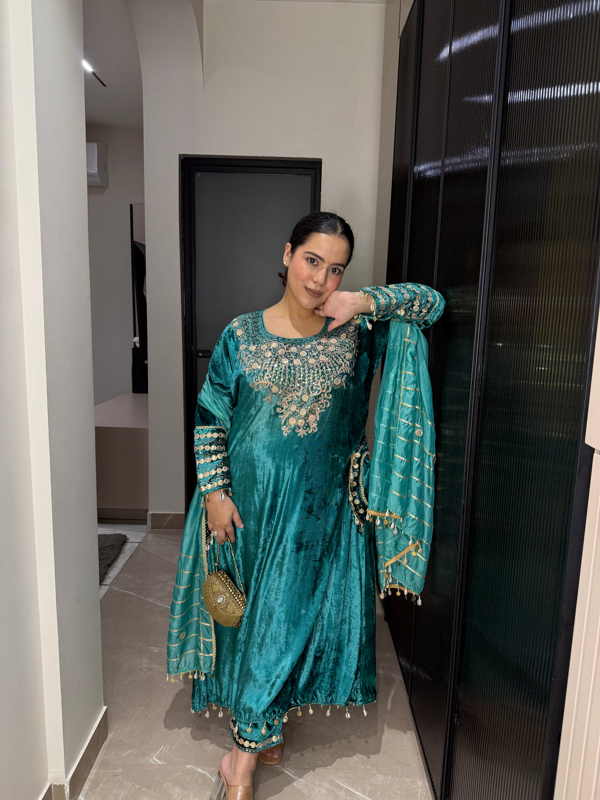 Velvet Suit with Dori, Sequin & Gotta Detailing | Festive Ethnic Wear