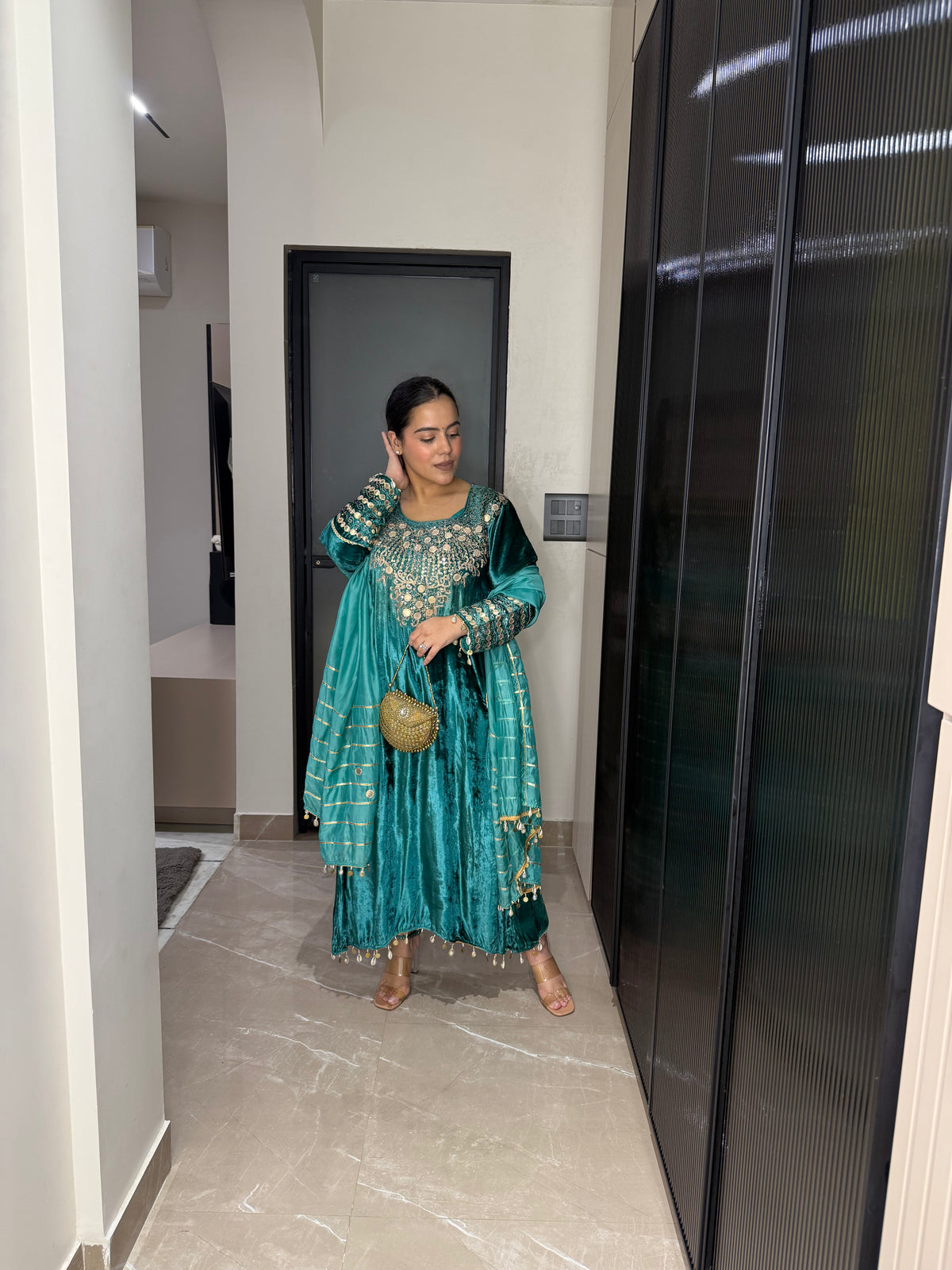 Velvet Suit with Dori, Sequin & Gotta Detailing | Festive Ethnic Wear