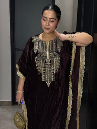 Velvet Kaftan with Badla, Sequin, Mirror & Pearl Work | Festive Luxe Wear