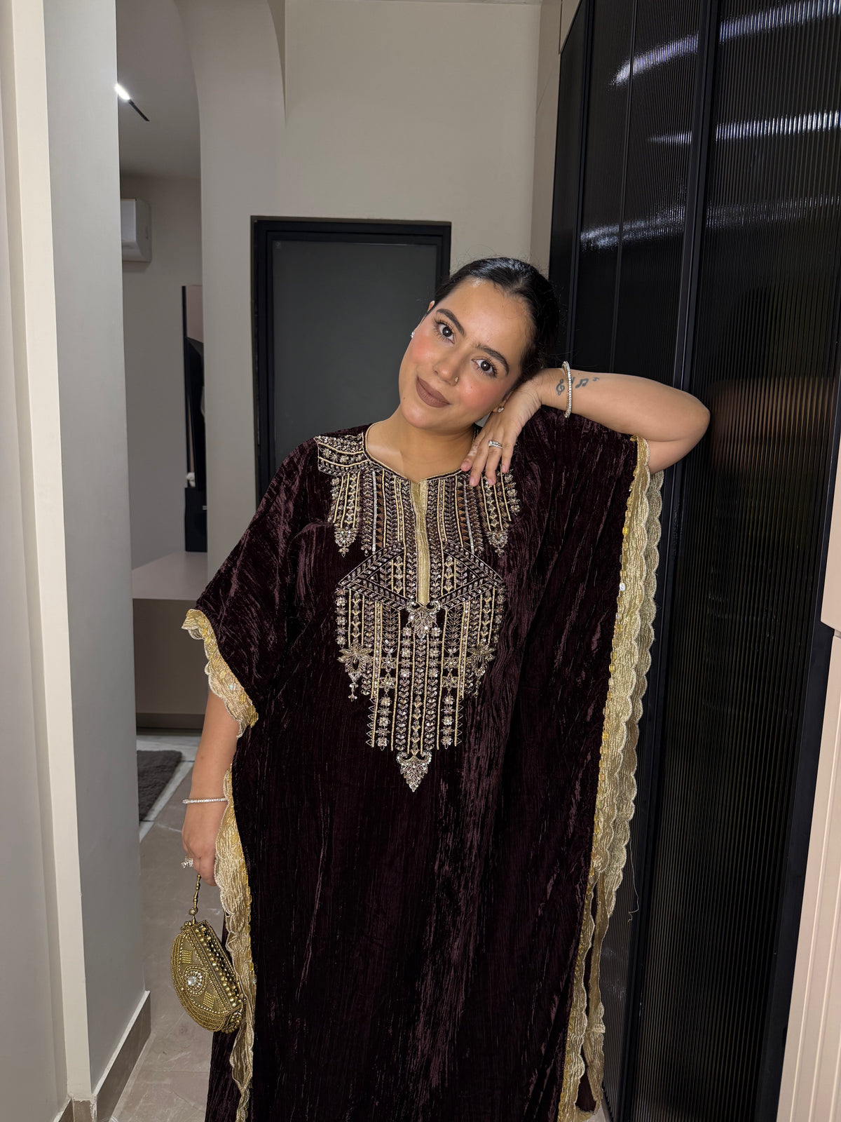 Velvet Kaftan with Badla, Sequin, Mirror & Pearl Work | Festive Luxe Wear