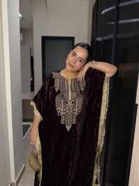 Velvet Kaftan with Badla, Sequin, Mirror & Pearl Work | Festive Luxe Wear