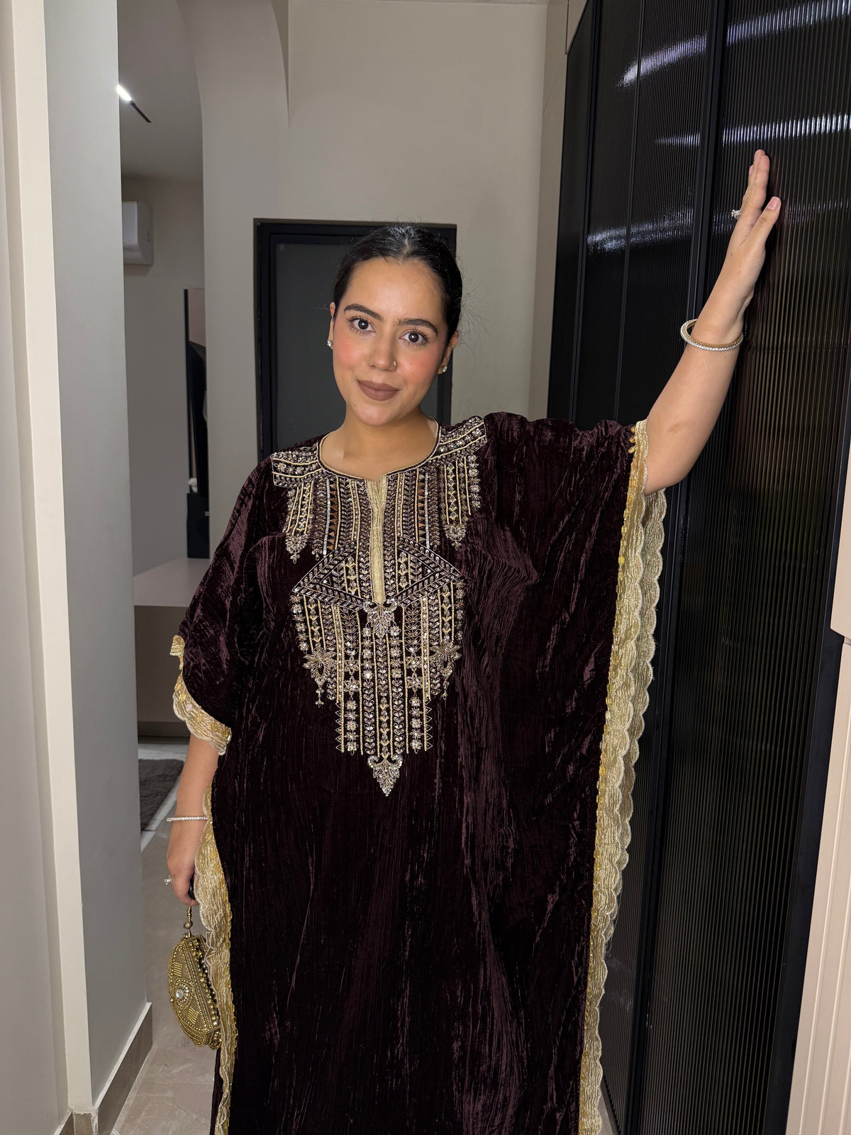 Velvet Kaftan with Badla, Sequin, Mirror & Pearl Work | Festive Luxe Wear